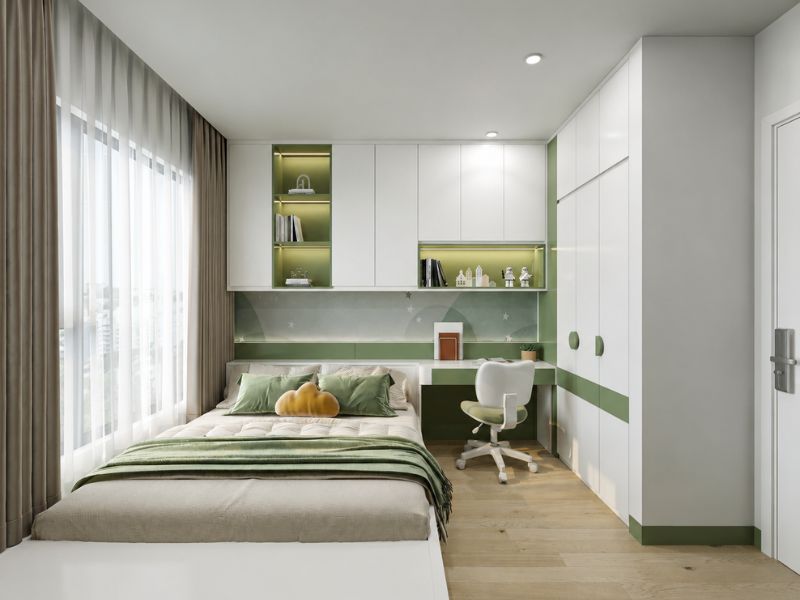 thiết kế nội thất phòng ngủ bé trai chung cư giường học tủ xanh
