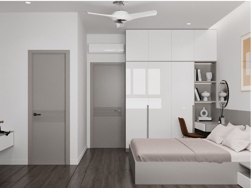 Thiết kế nội thất phòng ngủ chung cư 12m² tích hợp tủ kịch trần và bàn trang điểm
