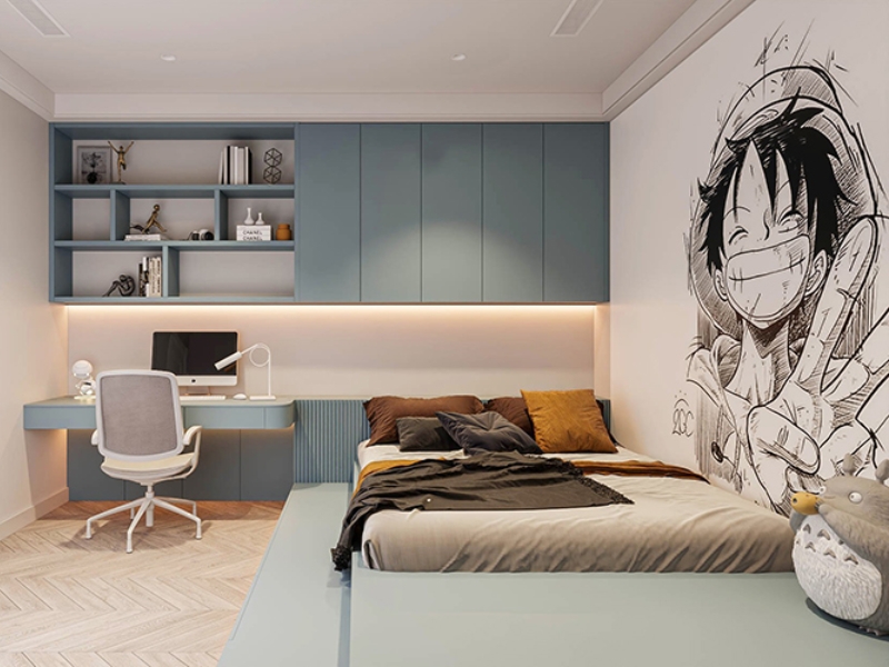 Thiết kế nội thất phòng ngủ chung cư 14m² với giường bục liền bàn học