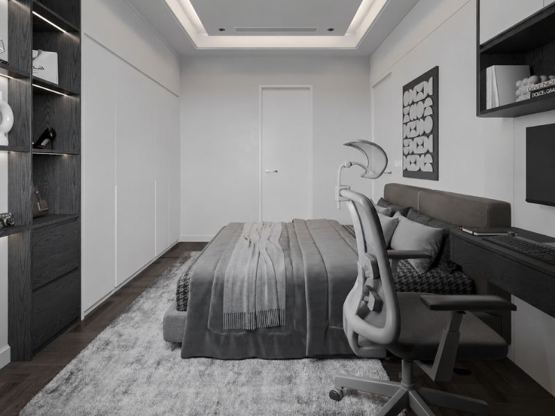 thiết kế nội thất phòng ngủ master chung cư hiện đại tông xám