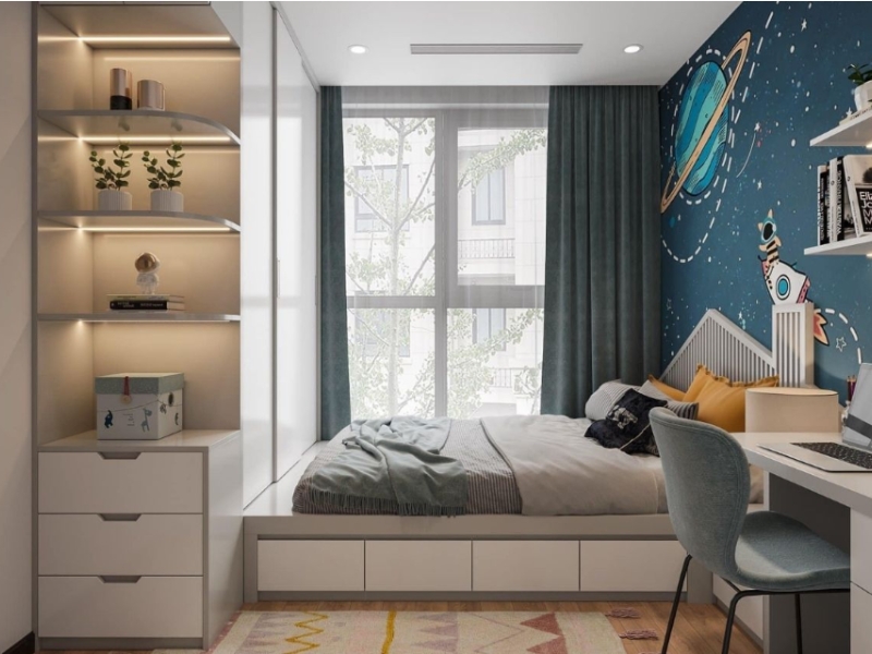 Thiết kế phòng ngủ chung cư 12m² cho trẻ theo chủ đề vũ trụ