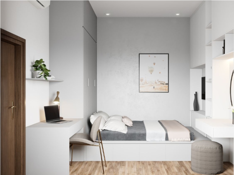Thiết kế phòng ngủ chung cư 12m² có giường đơn, bàn làm việc và bàn trang điểm
