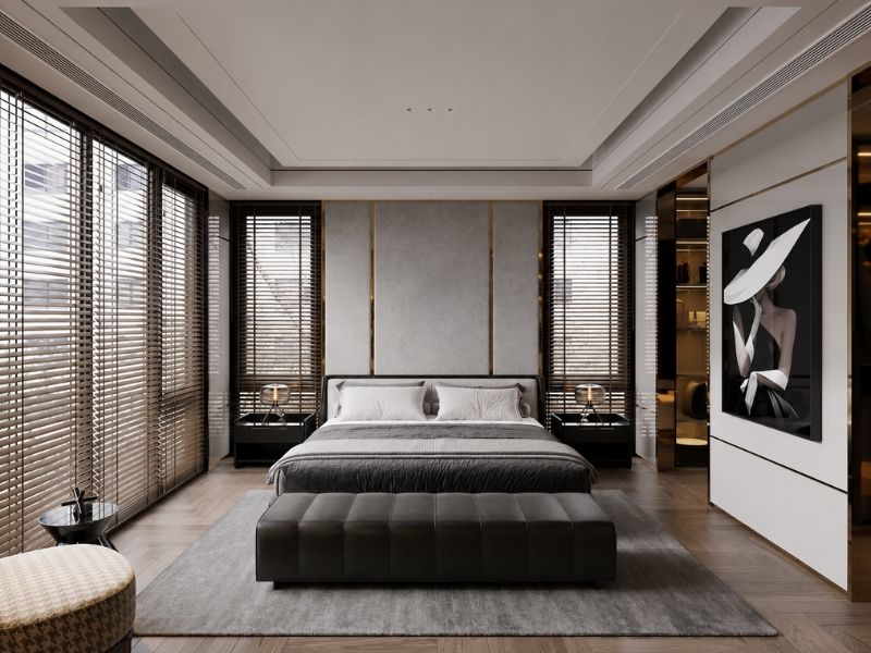 Thiết kế phòng ngủ chung cư 14m² có ghế băng cuối giường