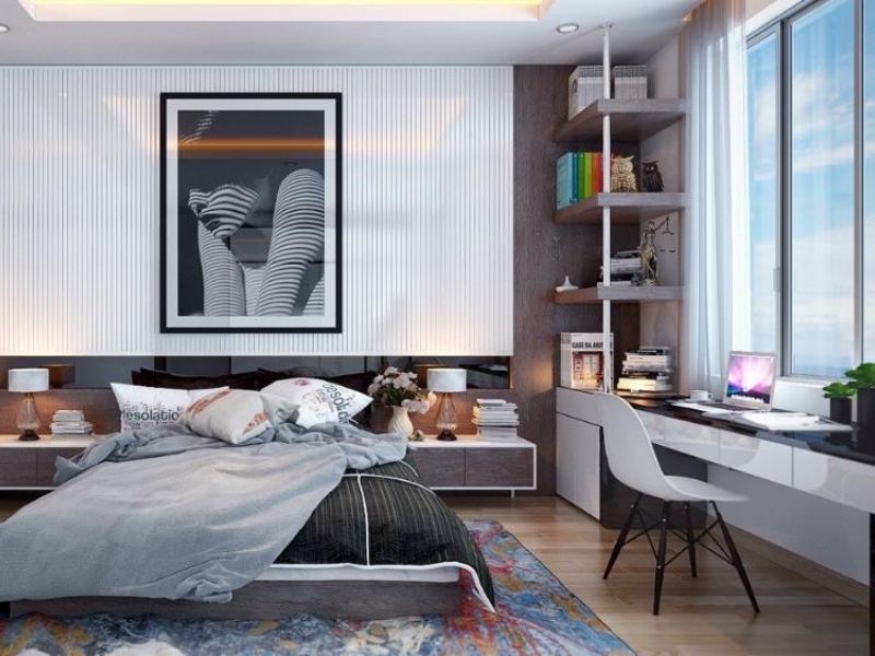 Thiết kế phòng ngủ chung cư 14m² với giường đôi và bàn làm việc cạnh cửa sổ