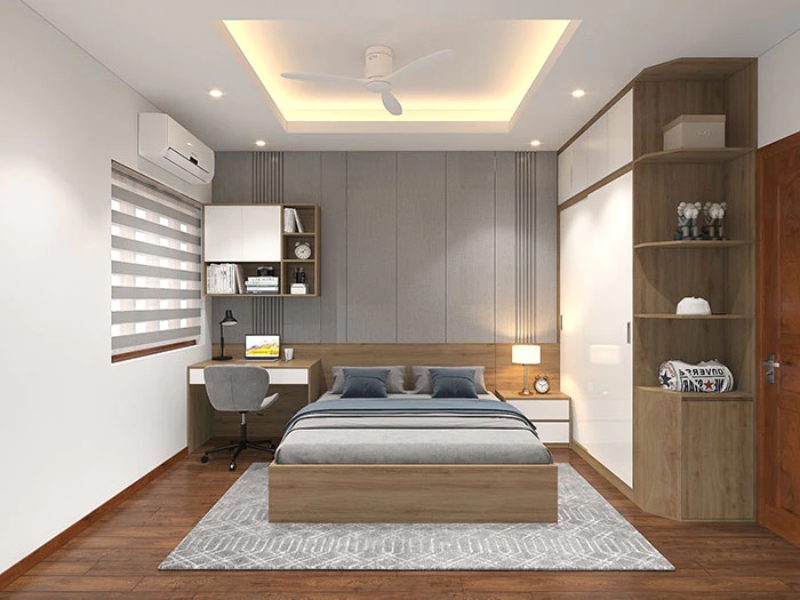 Thiết kế phòng ngủ chung cư 16m² với giường đôi, bàn làm việc và tủ kịch trần