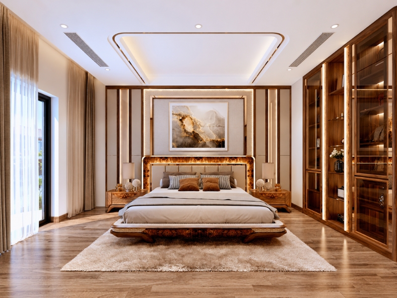 Thiết kế phòng ngủ chung cư 20m² cho gia đình có con nhỏ với giường đôi và lối đi rộng