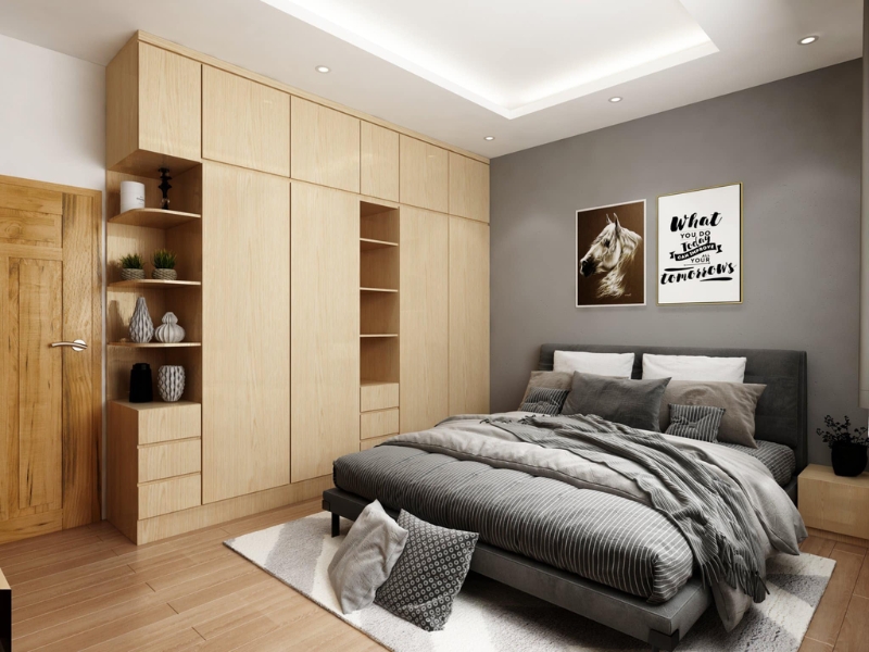 Thiết kế phòng ngủ chung cư 20m² cho gia đình với giường đôi và tủ kịch trần