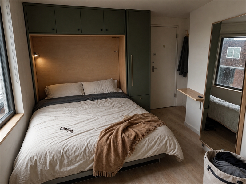 Thiết kế phòng ngủ chung cư 8m² có giường đôi và hệ tủ kịch trần màu xanh rêu