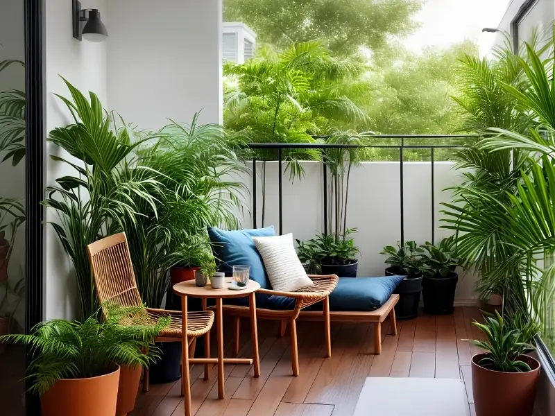Ban công chung cư hướng Nam với cây xanh nhiều tầng và góc thư giãn