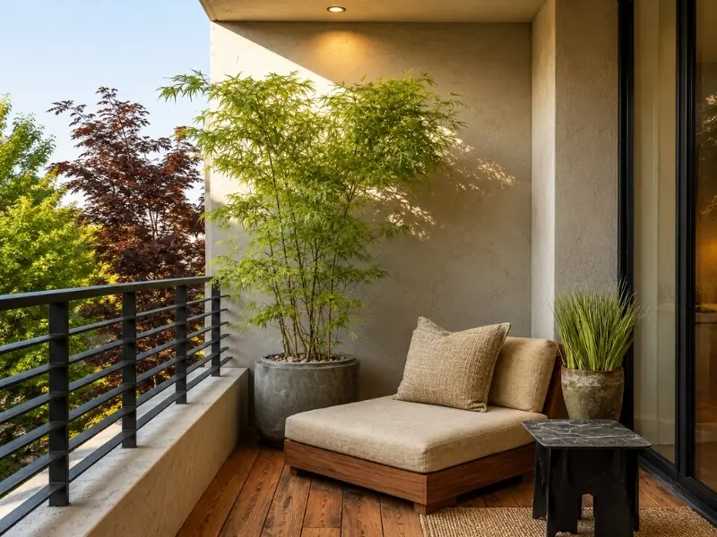 Ban công chung cư phong cách Wabi Sabi với ghế gỗ thấp, đệm màu be và chậu cây tre