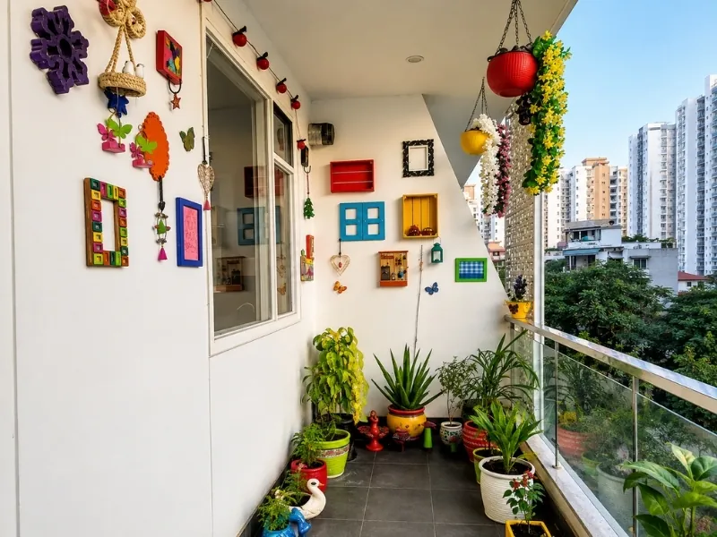 Ban công chung cư với chậu cây nhiều màu, đồ trang trí handmade và bàn ghế gỗ