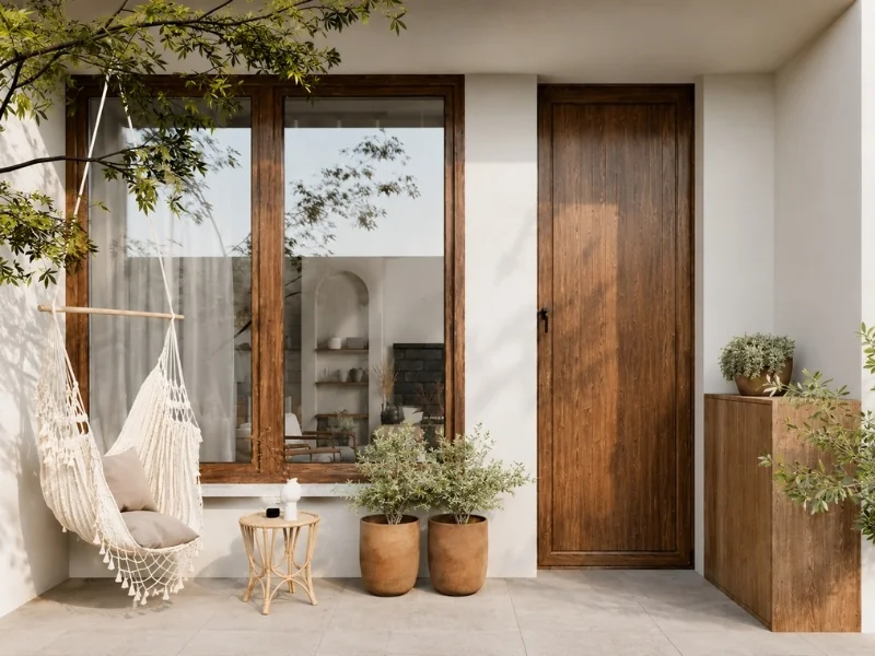Ban công chung cư phong cách Wabi Sabi với ghế võng treo, cửa gỗ và chậu cây mộc