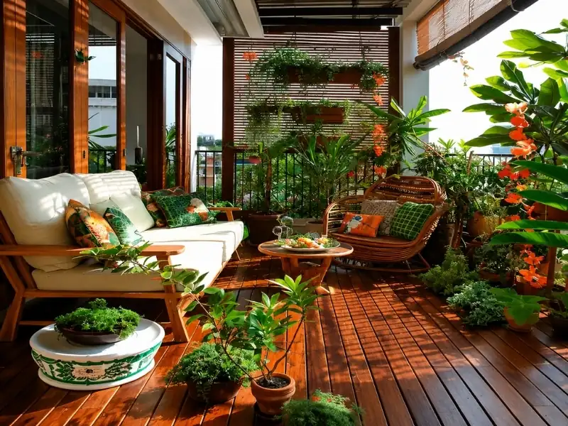 Ban công Tropical với sàn gỗ, sofa mây tre, đệm họa tiết và kệ cây.