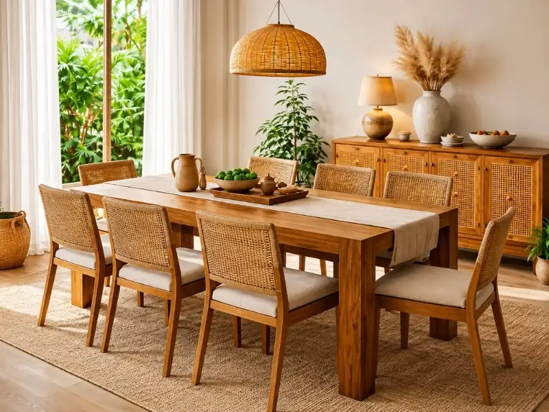 Bàn ghế gỗ và mây tre trong phòng ăn phong cách Tropical