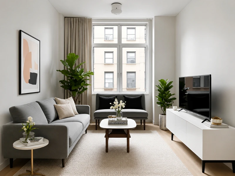 Căn hộ chung cư 1 phòng ngủ phong cách tối giản với sofa xám và kệ tivi trắng