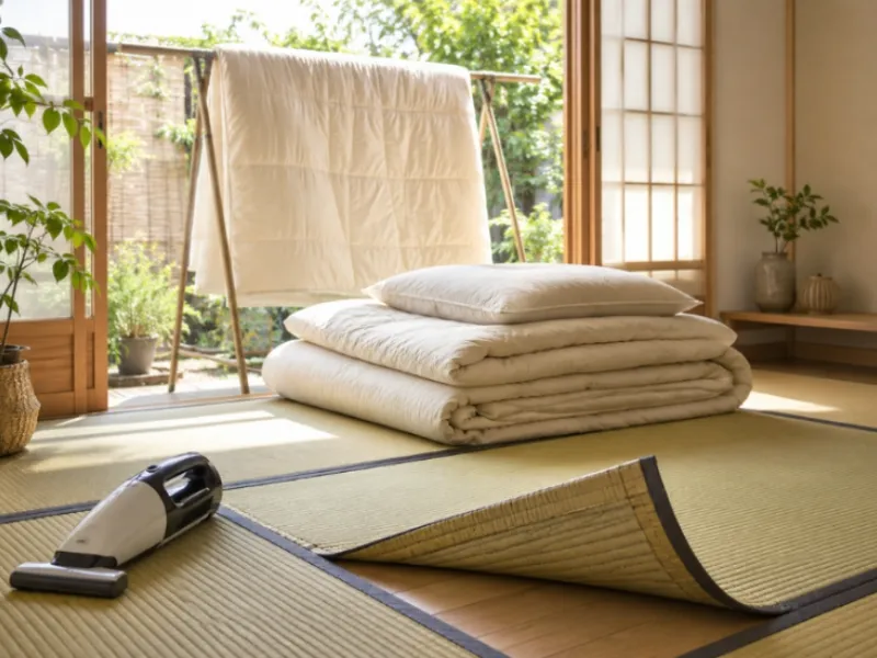 Nệm Futon gấp gọn trên sàn Tatami, cạnh máy hút bụi trong phòng ngủ kiểu Nhật.