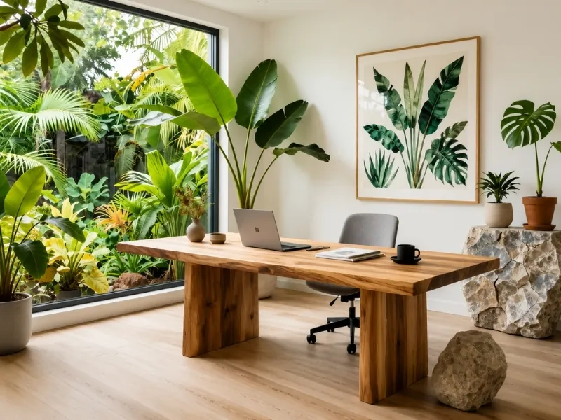Góc làm việc phong cách Tropical với bàn gỗ, tranh lá và cửa kính nhìn ra vườn cây.