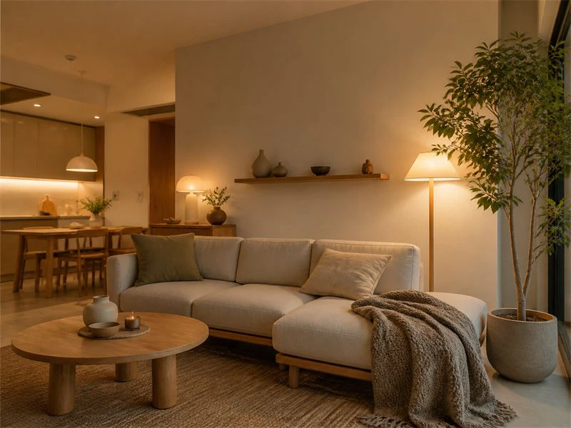 Không gian tối giản vẫn cần duy trì cảm giác ấm cúng với sofa be đèn vàng và cây xanh