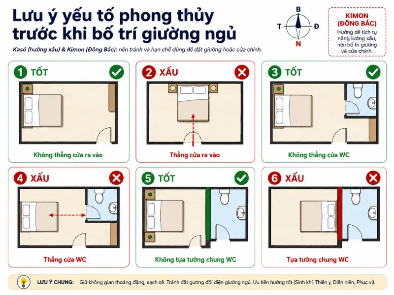 Sơ đồ phong thủy bố trí giường ngủ kiểu Nhật.