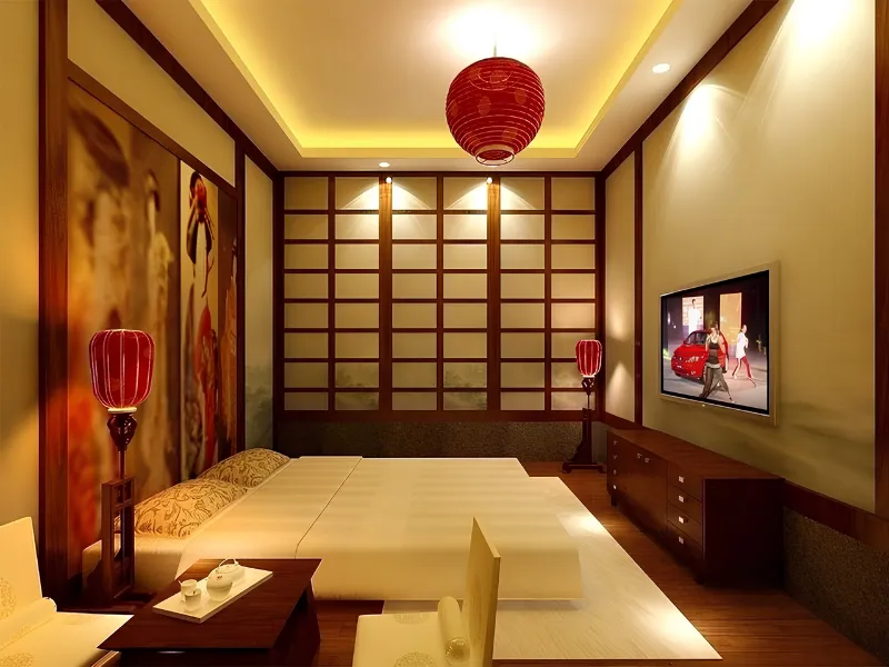 Thiết kế phòng ngủ kiểu Nhật mộc mạc với đèn lồng đỏ