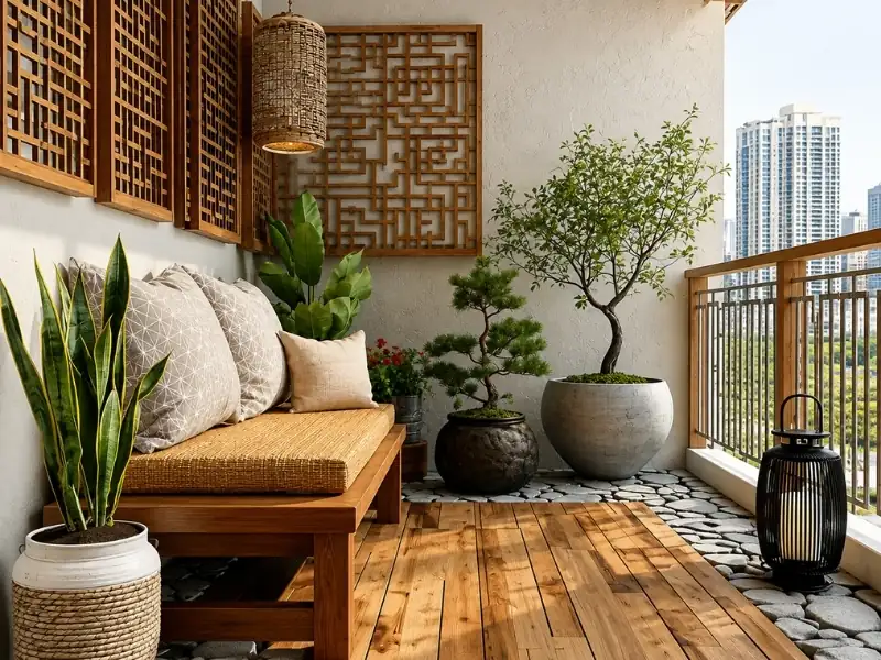 Mẫu thiết kế ban công chung cư phong cách Japandi với ghế băng gỗ, đệm trung tính và cây xanh