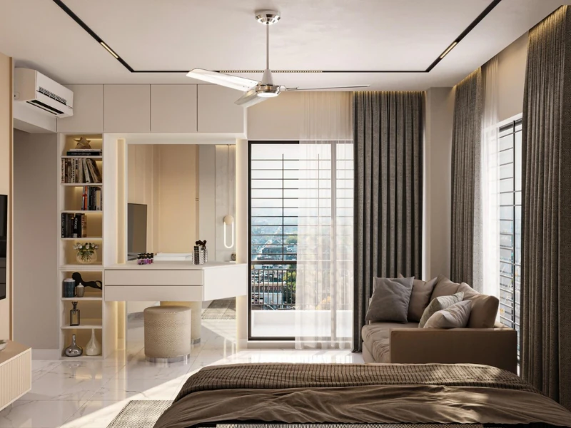 Mẫu thiết kế căn hộ 3 phòng ngủ theo phong cách tối giản với giường, sofa và bàn trang điểm