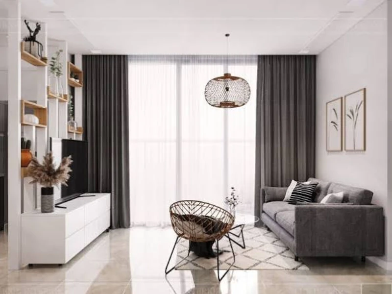 Mẫu thiết kế nội thất chung cư tối giản cho phòng khách phối màu tương phản