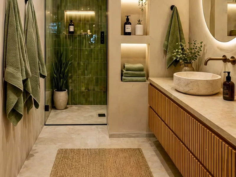 Nhà tắm chung cư tối giản với góc xanh thư giãn có vách kính hốc tường và tủ dưới chậu rửa