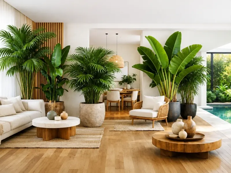 Nội thất phong cách tropical với cây chuối cảnh và cây cọ lớn.