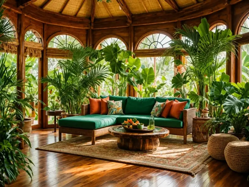 Sử dụng cây xanh nhiệt đới làm vật trang trí trong nội thất phong cách tropical.