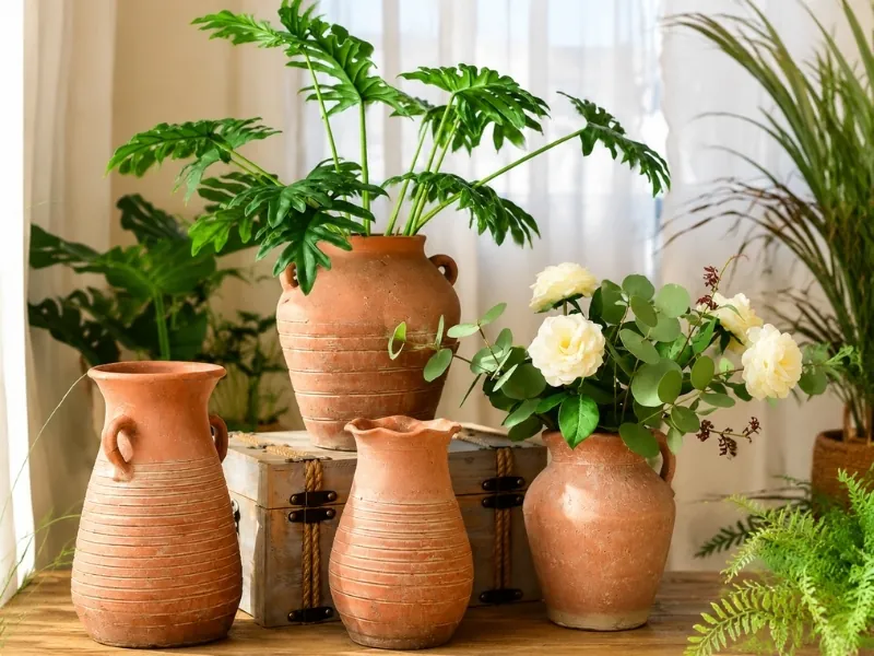 Thiết kế nội thất phong cách Tropical với bình gốm đất nung và cây xanh.
