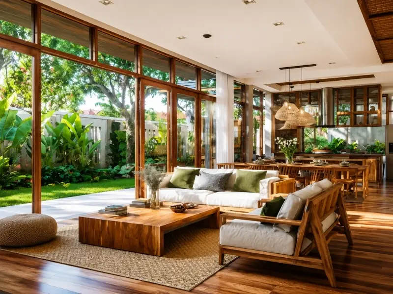 Thiết kế nội thất phong cách Tropical với phòng khách mở đón ánh sáng tự nhiên.