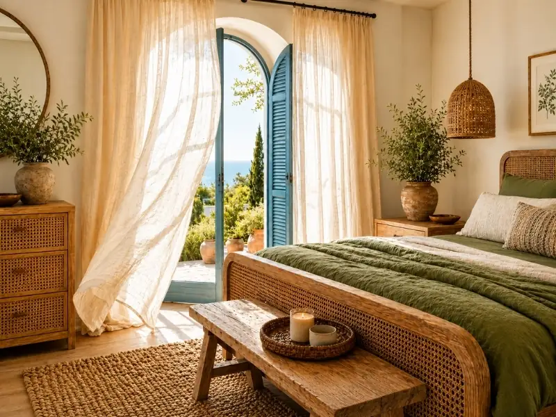 Nội thất phong cách tropical với rèm linen và giường mây.