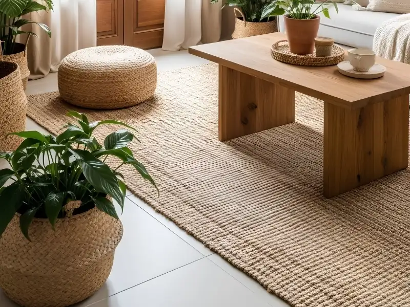 Nội thất phong cách tropical với thảm đay, bàn gỗ và cây xanh.