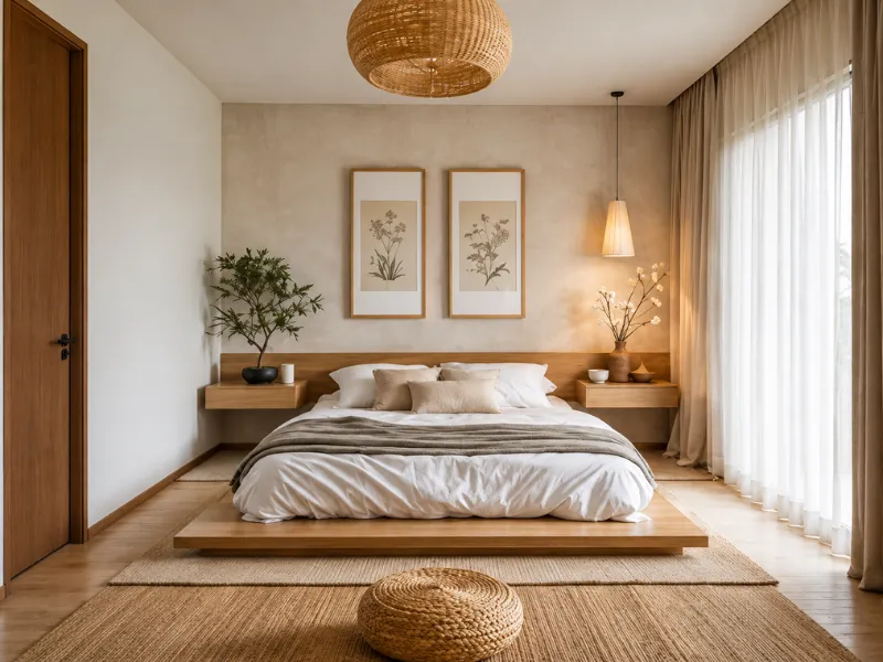 Thiết kế nội thất phòng ngủ Nhật Bản tối giản với đèn thả mây tre