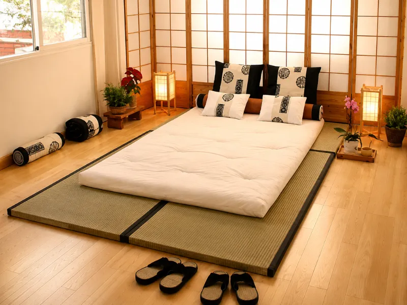 Nội thất phòng ngủ phong cách Nhật Bản kết hợp chiếu Tatami và giường bệt