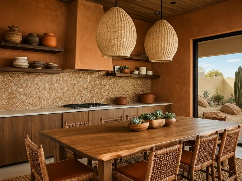 Phòng bếp Tropical Boho với tường nâu đất, bàn gỗ, đèn mây tre và ghế đan tự nhiên