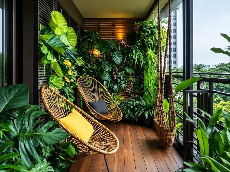 Ban công phong cách Tropical với ghế mây tre, sàn gỗ và mảng cây xanh.