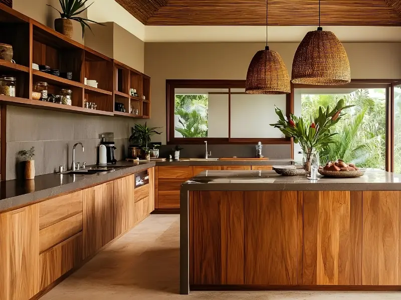 Thiết kế nội thất phong cách Tropical cho phòng bếp với tủ gỗ và đèn thả mây.