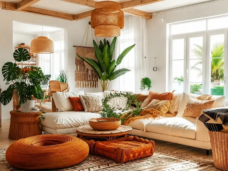Phòng khách phong cách Tropical với sofa sáng màu, đèn mây tre và cây xanh.