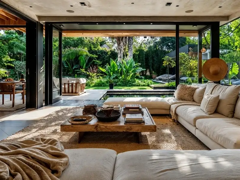 Thiết kế nội thất phong cách Tropical với phòng khách mở ra sân vườn.