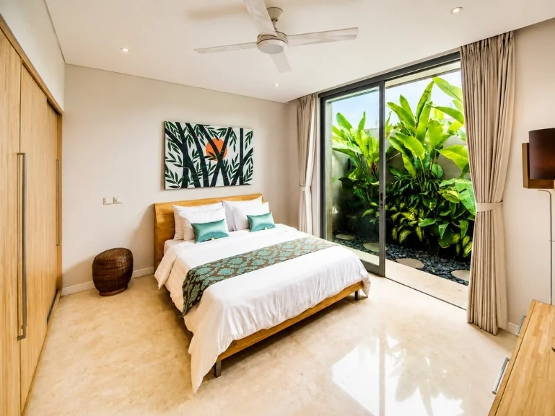 Phòng ngủ phong cách Tropical với giường gỗ và cửa kính nhìn ra mảng xanh.