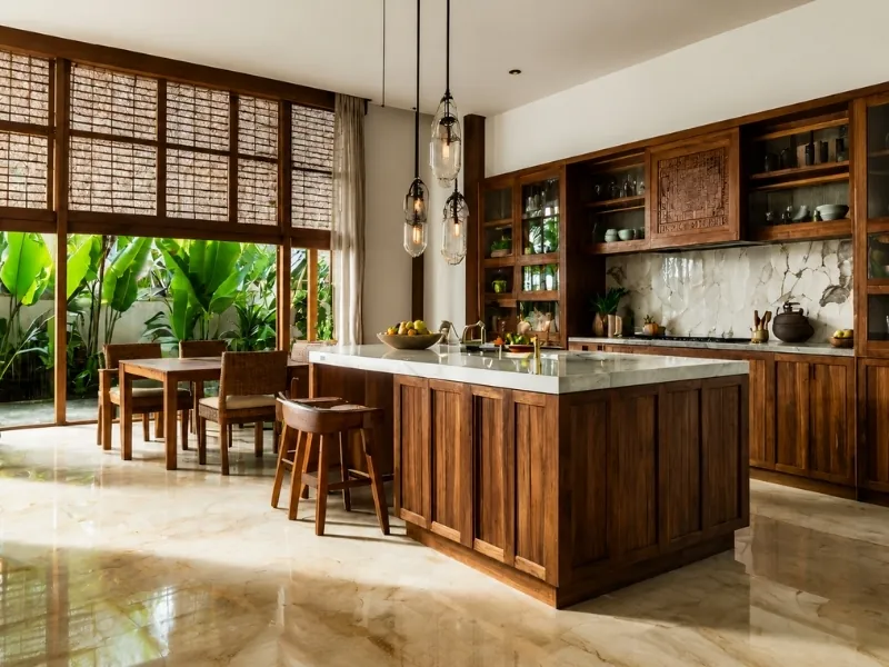 Phòng bếp phong cách Tropical với tủ gỗ, quầy đảo và cây xanh ngoài cửa.