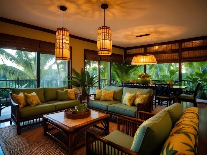 Phong cách tropical trong thiết kế nội thất với ánh đèn vàng ấm áp.
