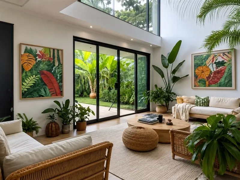 Phong cách Tropical trong thiết kế nội thất với phòng khách nhiều cây xanh