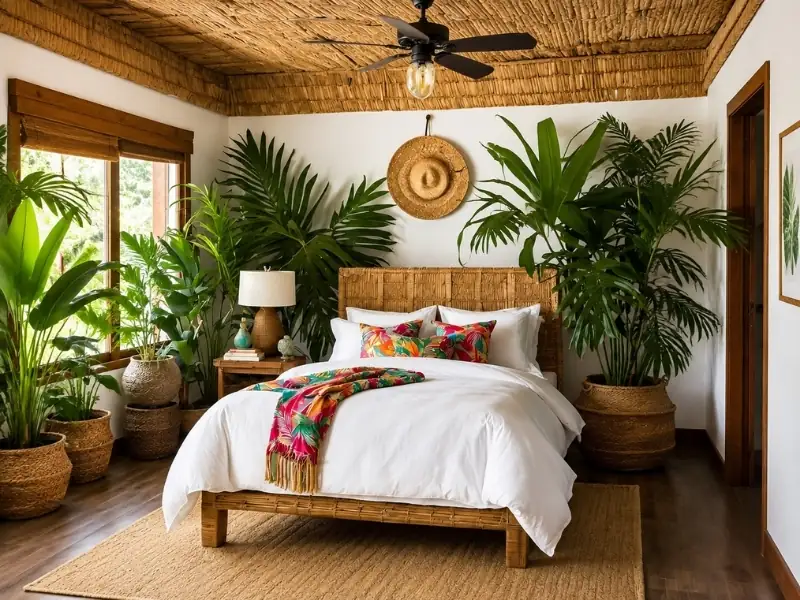 Phòng ngủ phong cách Tropical với giường mây tre, cây xanh và trần đan tự nhiên.