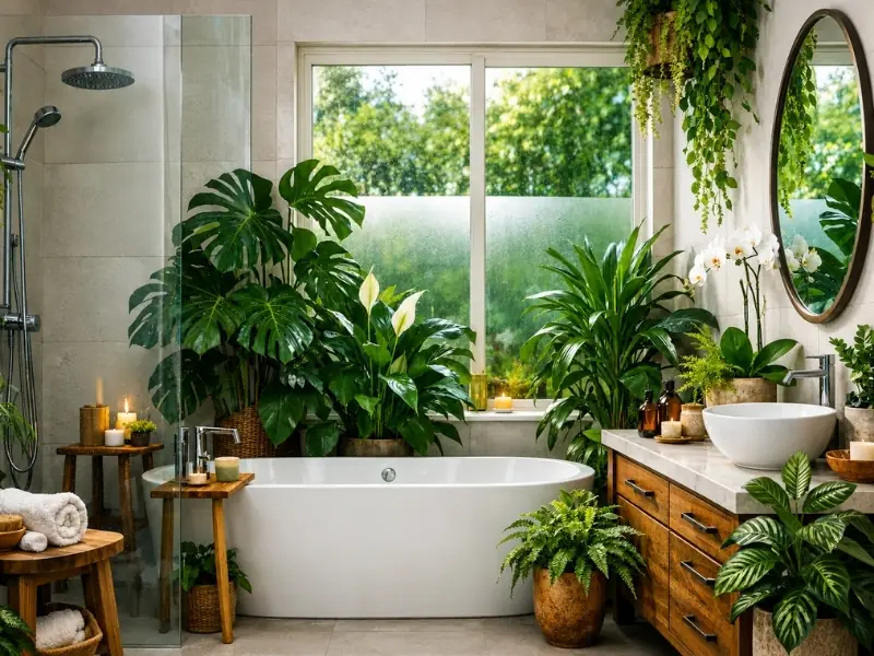 Phòng tắm phong cách Tropical với bồn tắm, tủ gỗ và nhiều cây xanh.