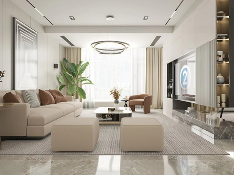 Phòng khách căn hộ 3 phòng ngủ tối giản với sofa be và hai ghế đôn