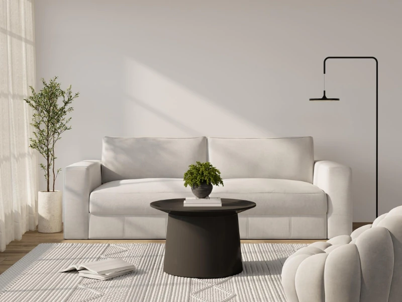 Phòng khách chung cư 2 phòng ngủ tối giản với sofa trắng và bàn trà đen