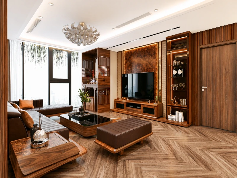 Phòng khách chung cư tối giản bằng gỗ công nghiệp với vách tivi hệ tủ trưng bày và sofa da nâu